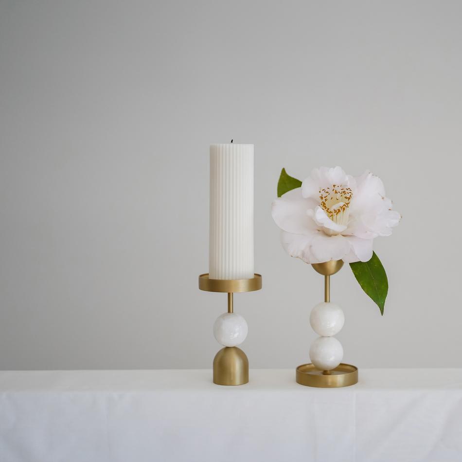 Beaded Fountain Brass Candle Holder - White Large