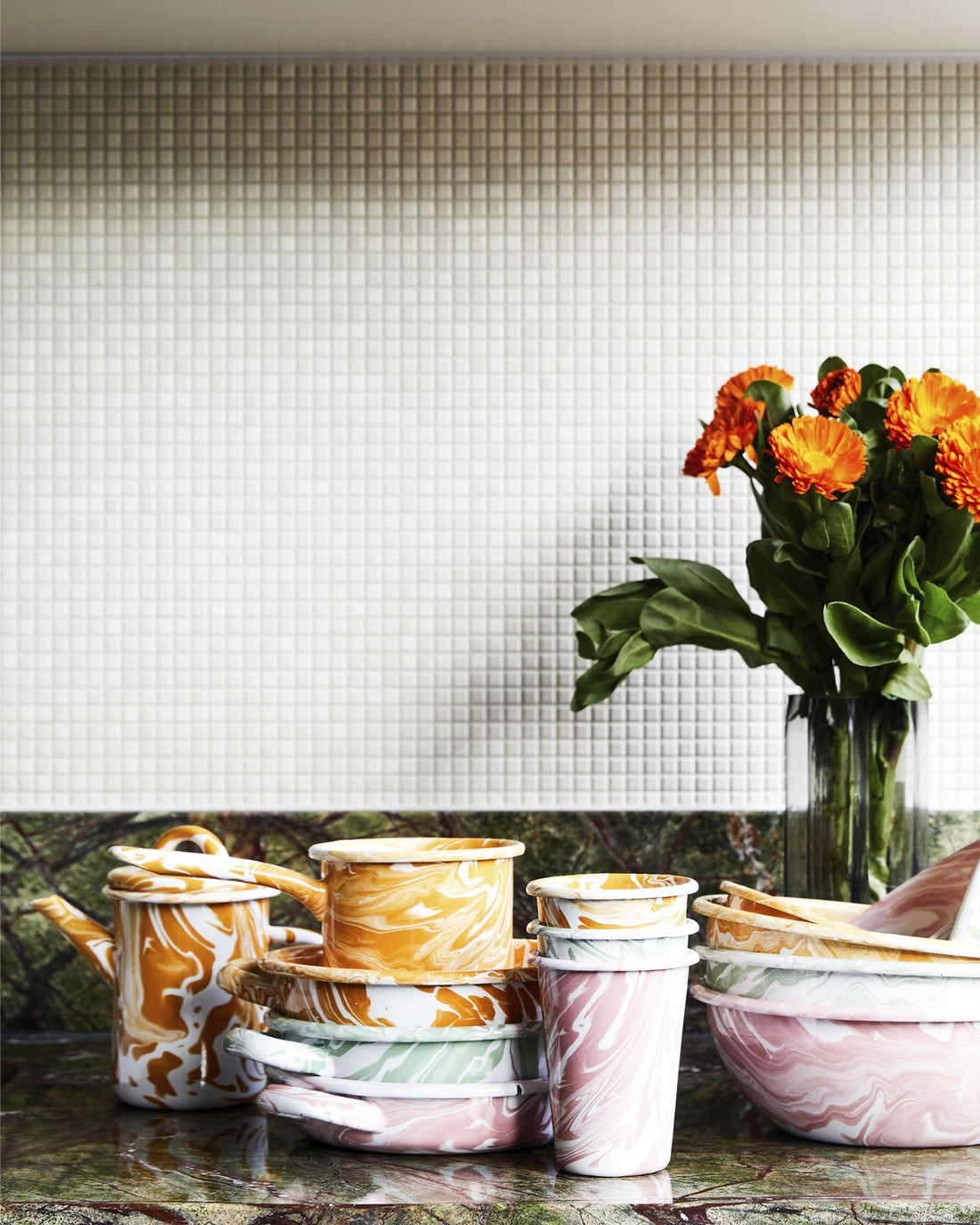 Pink Marble Enamel Tumbler Set