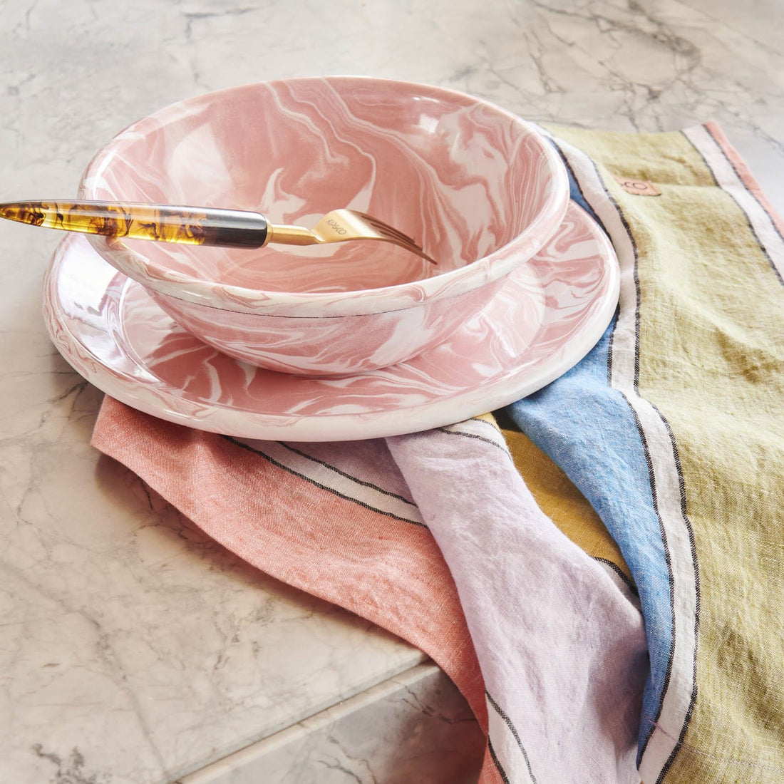 Pink Marble Enamel Pasta Bowl Set